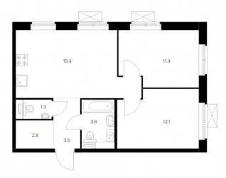 Двухкомнатная квартира 54.3 м²