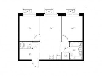 Двухкомнатная квартира 50.5 м²